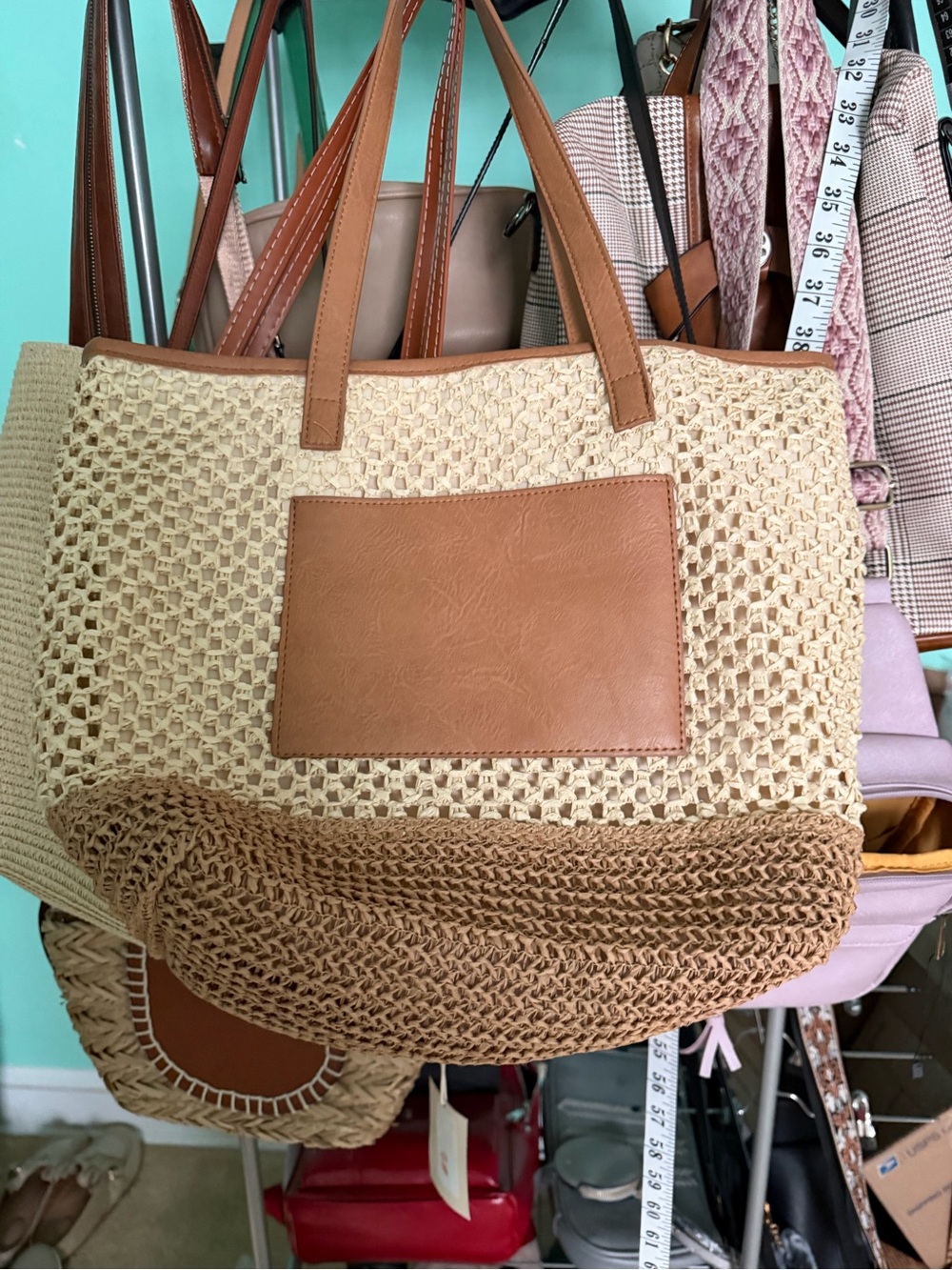 Woven Straw Tote Bag with Tan Trim